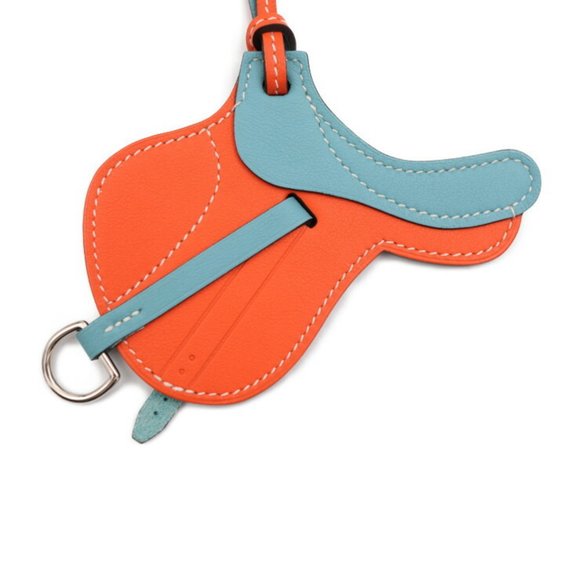 HERMES Paddock Cell Keychain Swift Leather Orange Poppy Blue Saint-Cyr Bag Ch... - Picture 3 of 5